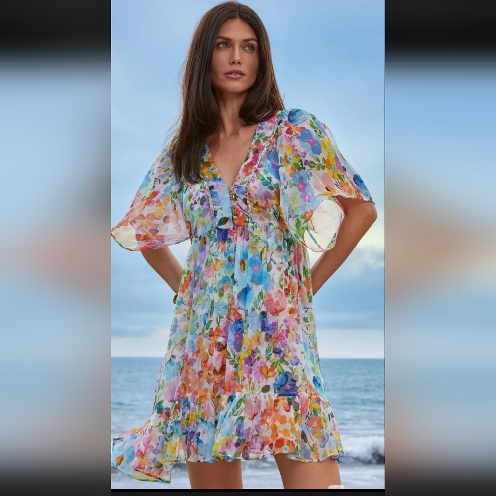 Johnny Was 100% Silk Mini Shift Dress Babydoll Coloeful Floral Slip BOHO Nwot L